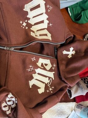 Brown Zip-Up Hoodie with Cream Gothic Appliqué
